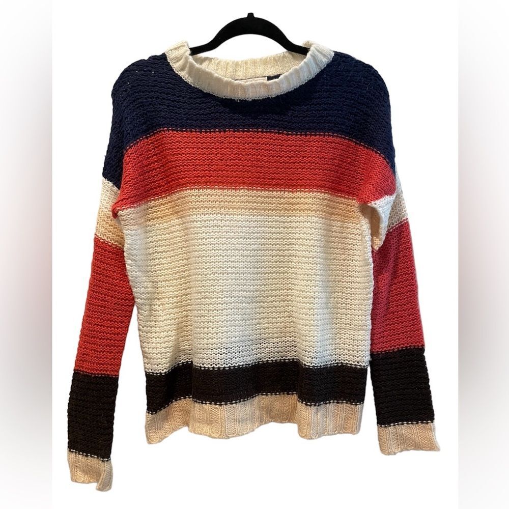 Ambiance Crewneck Knit Long Sleeve Sweater Blue‎ White Orange Stripes Size Large
